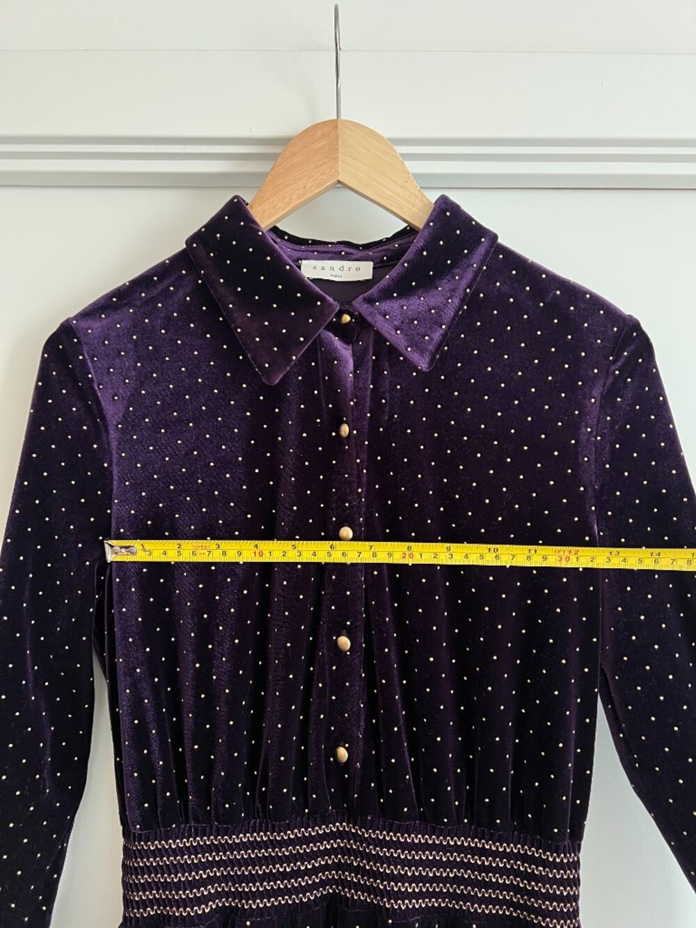 Sandro Paris Purple Velvet Midi Dress Gold Polka Dot XS/S Wedding Guest - Picture 9 of 14